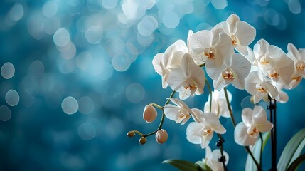 Captivating White Orchids Bouquet Against a Blue Bokeh Background: Ideal for Event Invitations or...