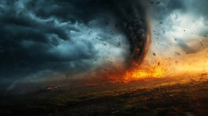 Naklejka premium Tornado In Stormy Landscape - Climate Change And Natural Disaster Concept