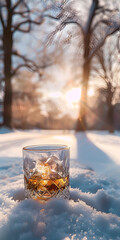 Fototapeta na wymiar Mobile vertical wallpaper photograph of a whisky glass on a snowy park in winter. Sunshine. Story post.