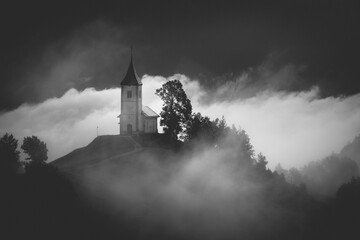 St.Primoz church ,Jamnik, Slovenia - moody black and white photo