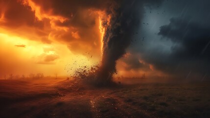 Fototapeta na wymiar Tornado In Stormy Landscape - Climate Change And Natural Disaster Concept