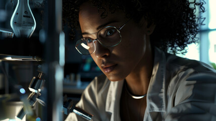 A focused scientist analyzing samples under the blueish glow of a microscope.