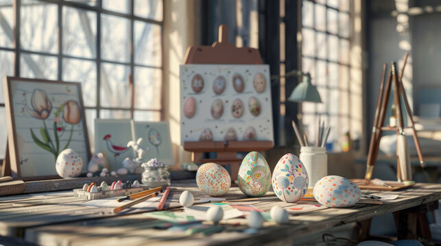 Artistic Easter Egg Painting Studio. A cozy artist's workspace adorned with hand-painted Easter eggs and art supplies, bathed in soft daylight.