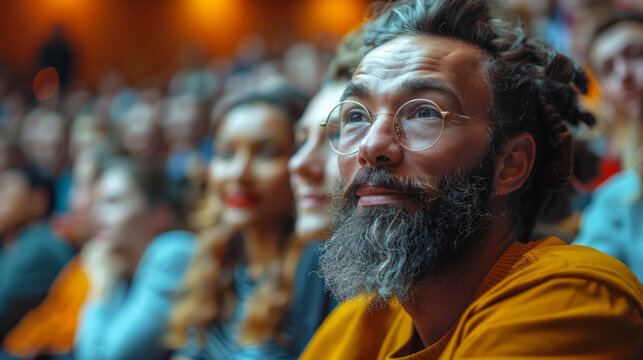 A man with a beard and glasses is sitting in a crowd of people. diverse group of students and educators from different cultures in a lecture hall, Modern university lecture delivering an AI-focused