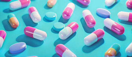 Assorted Medication Capsules on Turquoise Surface. High-angle view of various colorful medicine capsules and tablets spread on a turquoise background.