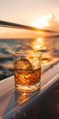 Mobile vertical wallpaper photograph of a whisky glass on a yacht deck at sea. Sunshine.. Story post.