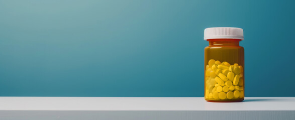 Yellow Pills in Plastic Jar on Blue Background. Bottle of yellow tablets on white surface against blue backdrop, healthcare concept.