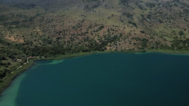 Aerial top view by drone of Kournas lake on Crete island. Greece.