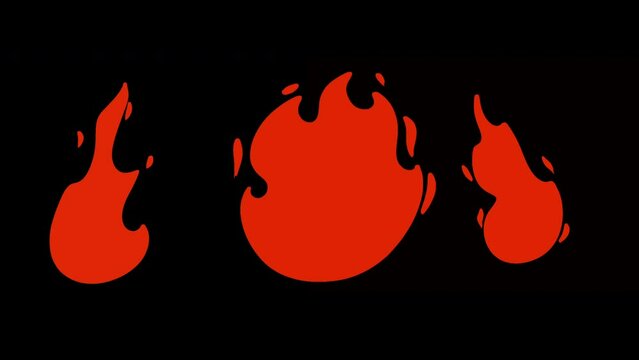 Set cartoon loop animation fire or flame isolated on black and white background. Video motion graphic element.