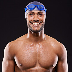 Studio, swimmer and man smile for portrait, sport and workout for training and exercise for body. Athlete, adult and male person withs strength, professional and champion in black background