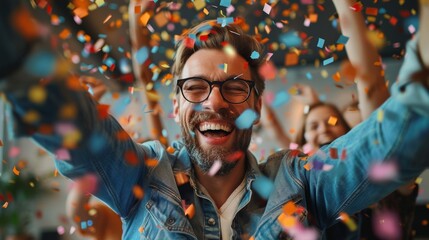 Entrepreneurs Cheering with Confetti in Office
