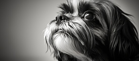 A black and white photo featuring a shih tzu dog, a small toy breed known for being a companion dog. The dog is looking up with a cute expression on its snout - obrazy, fototapety, plakaty