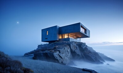 square building is perched on a rocky cliff above the fog ocean