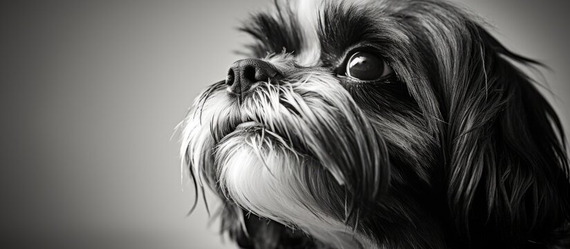 A black and white photo featuring a shih tzu dog, a small toy breed known for being a companion dog. The dog is looking up with a cute expression on its snout