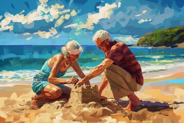 A cheerful couple of elderly people are building sand castles on the seashore. Beautiful tropical beach with sunrise sky.  Vacation travel concept. - obrazy, fototapety, plakaty