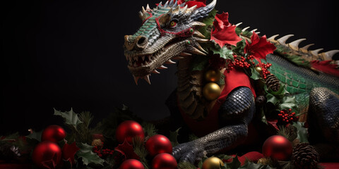 Fototapeta premium Christmas dragon background. Christmas card template. Happy New year backdrop. Horoscope, calendar.