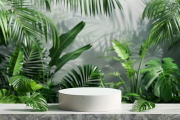 Obraz premium product podium display with tropical plants backdrop