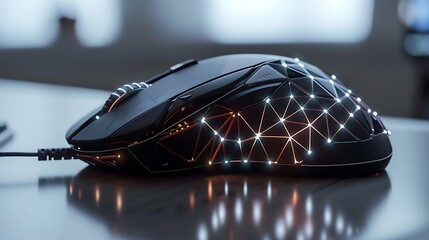 imagine an AI representation of a high-tech black mouse adorned with geometric patterns and customizable RGB lighting - obrazy, fototapety, plakaty