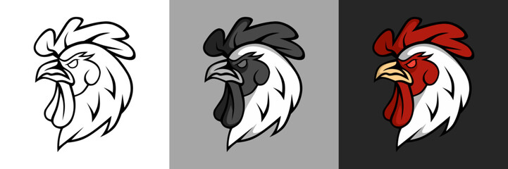 Cock Head Vector Set, Line Art, BW, Color, Illustration