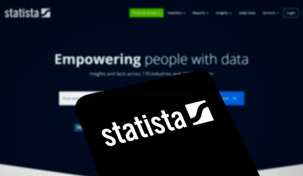 Dhaka, Bangladesh- 20 March 2024: Statista.com logo is displayed on smartphone.