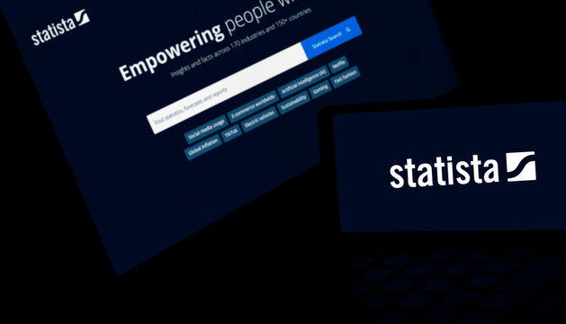 Dhaka, Bangladesh- 20 March 2024: Statista.com logo is displayed on smartphone.