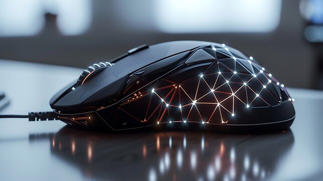 imagine an AI representation of a high-tech black mouse adorned with geometric patterns and customizable RGB lighting
