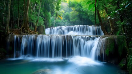 the mesmerizing sights and sounds of a panoramic, beautiful deep forest waterfall in Thailand, capturing the essence of its lush green surroundings and the soothing melody of cascading water