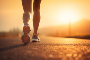  morning sunset,close up sport shoes and legs of runner on road for fitness healthy lifestyle.