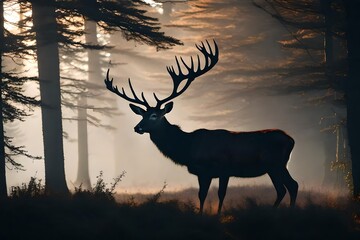 Red deer stag silhouette in the mist in forest