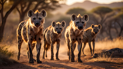 Giraffe and hyena in the Serengeti wilderness - obrazy, fototapety, plakaty