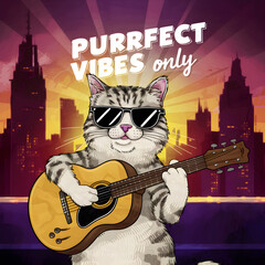 cat playing guitar with motto purrfect vibes