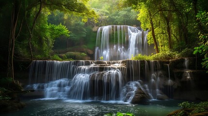 the mesmerizing sights and sounds of a panoramic, beautiful deep forest waterfall in Thailand, capturing the essence of its lush green surroundings and the soothing melody of cascading water