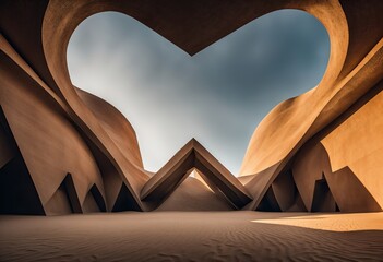heart-shaped arch stands over a sandy desert. The arch is made of interconnected triangular shapes. The sky is blue with wispy clouds.