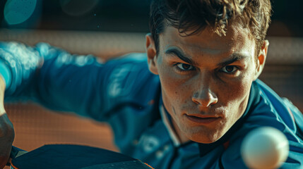 A man in an orange shirt is playing ping pong