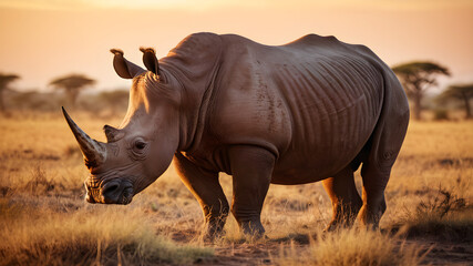 Rhino basks in the golden glow of sunset amidst the wild grasslands, embodying the majesty of nature's grandeur