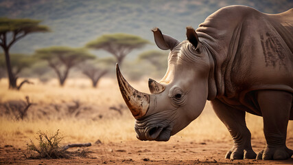 Wild white rhino basking in the sun on the savannah, isolated in nature's vast grasslands of Kenya - obrazy, fototapety, plakaty