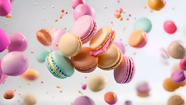 Various colorful macarons float in the air on the isolated background