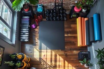 Aerial view of a compact home gym setup, efficiently utilizing a small space with wall-mounted free weights, a stack of yoga mats in a corner, and resistance bands neatly organized on hooks.