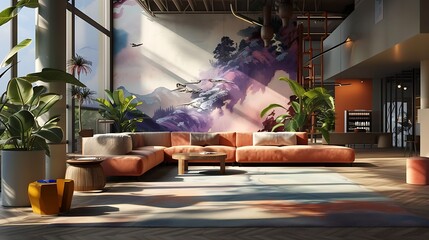 the power of AI to generate an imaginative illustration of a living space interior, featuring inviting couches and a mesmerizing wall mural that elevates the visual appeal of the room