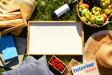 Set for romantic picnic with tasty food, wine and magazines on green grass background