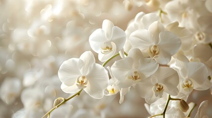 Closeup of white orchid flowers creating a textured background. Concept Floral Photography, Orchid Closeup, Texture Background, White Flowers