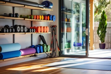 A well-organized home gym setup captured in bright, natural light, showcasing an array of free weights neatly arranged on a rack, colorful yoga mats rolled up against the wall. - obrazy, fototapety, plakaty