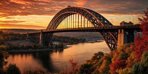 Obraz premium bridge over the river. View showcasing serene waters, glowing waterfronts, iconic bridge 