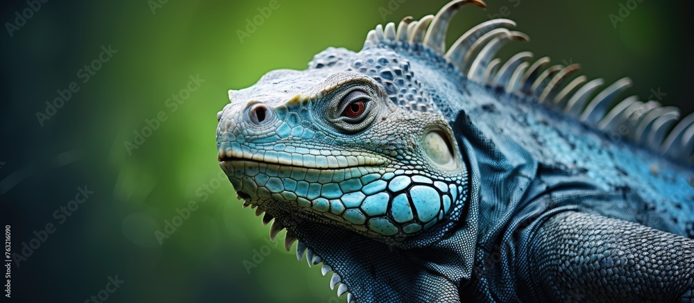 Sticker a close up of an electric blue iguanas eye against a green background, showcasing the beauty of this