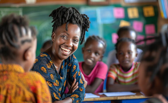 Engagement in Education: African Teacher Connecting with Students in Classroom