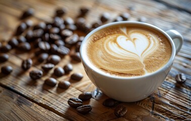 A warm cup of latte art coffee on a wooden surface surrounded by scattered coffee beans, evoking a cozy, aromatic atmosphere