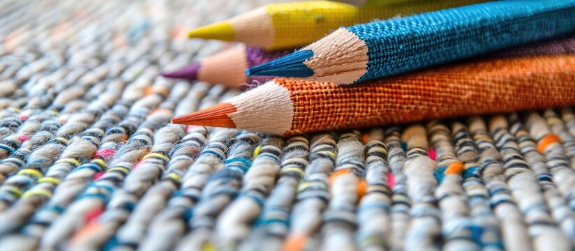 A variety of colored pencils are scattered across a textured rug, showcasing a beautiful blend of Electric blue shades. The textile pattern beneath them adds to the artistic display
