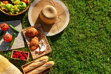 Set for romantic picnic with tasty food on green grass background