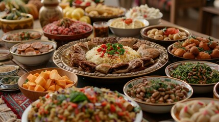 Eid Holiday Table with Arabic Cuisine - obrazy, fototapety, plakaty