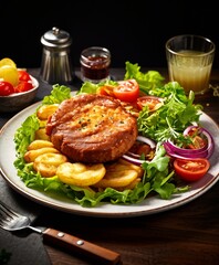 Ein Wiener Schnitzel auf dem Teller mit Bratkartoffeln und Salat